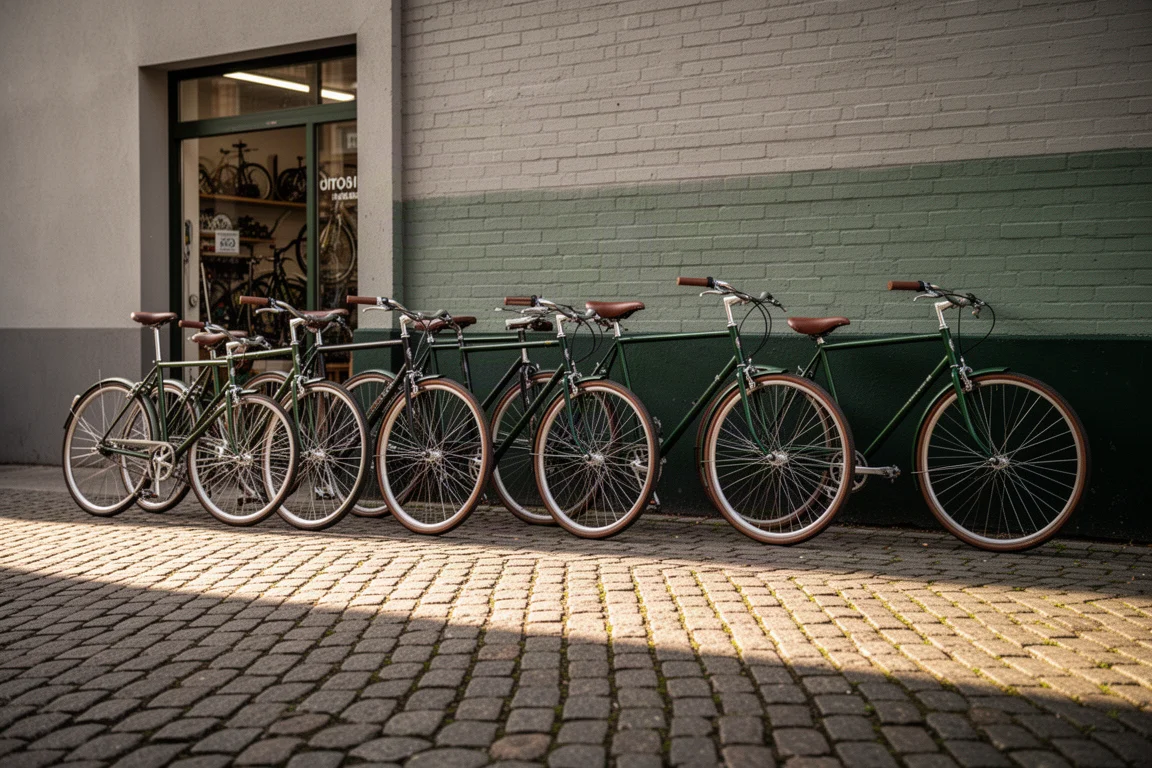 Rad av cyklar i olika storlekar parkerade utanför en cykelbutik på en kullerstensgata