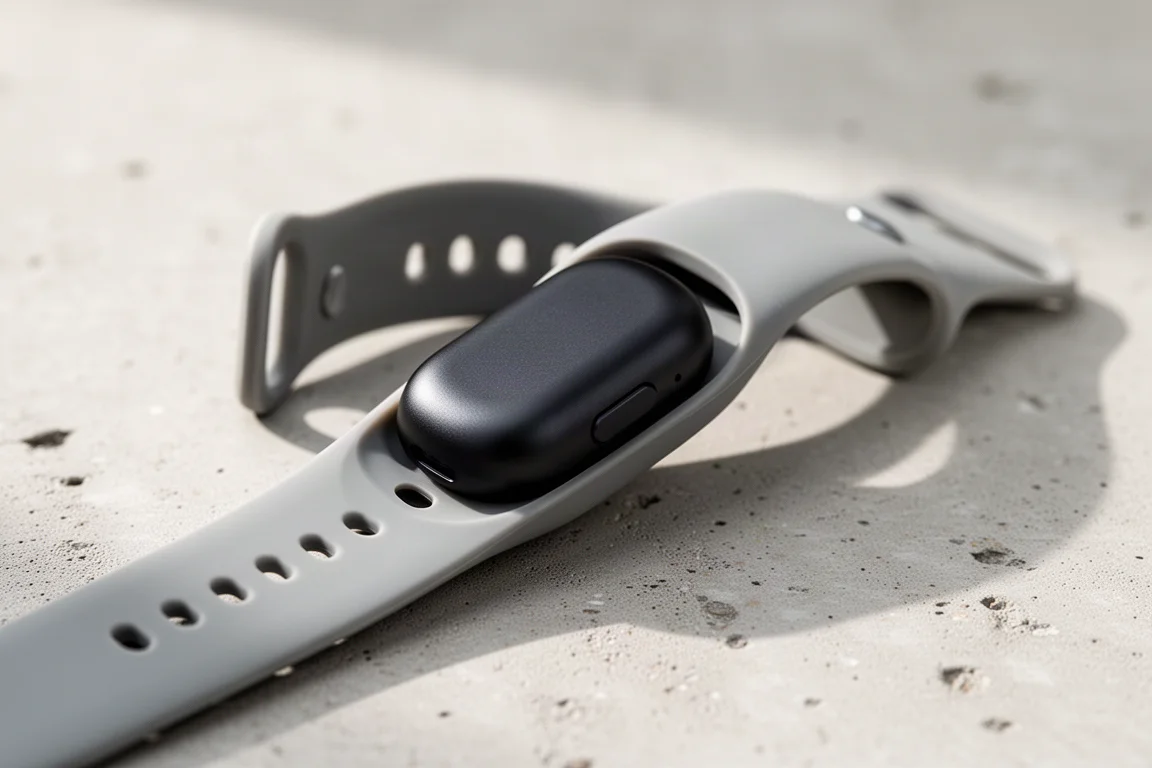Screenless fitness band pod slid inside a soft silicone wristband on a desk