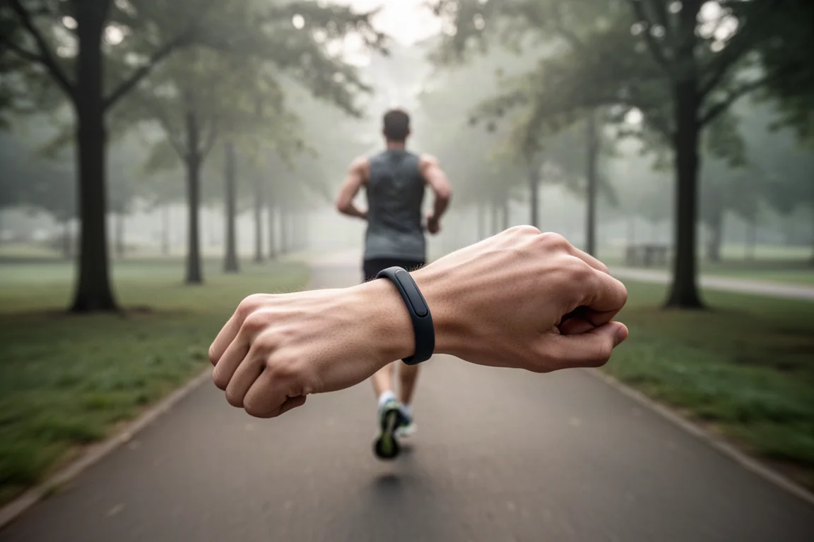 Person running on an open path wearing a slim wristband tracker