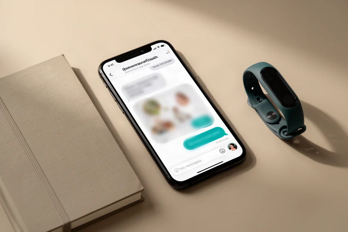 Smartphone on a desk showing a coach chat conversation in a fitness app