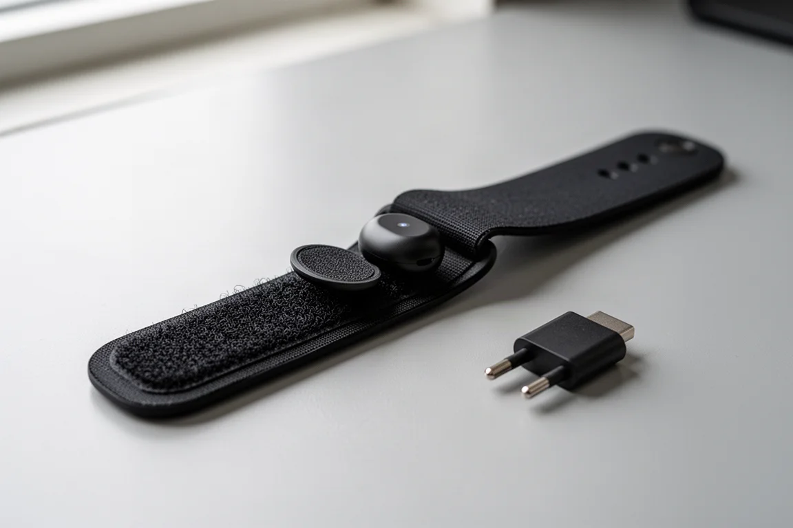 Bracelet de fitness noir fin avec un petit capteur amovible en forme de galet et un strap velcro sur un bureau