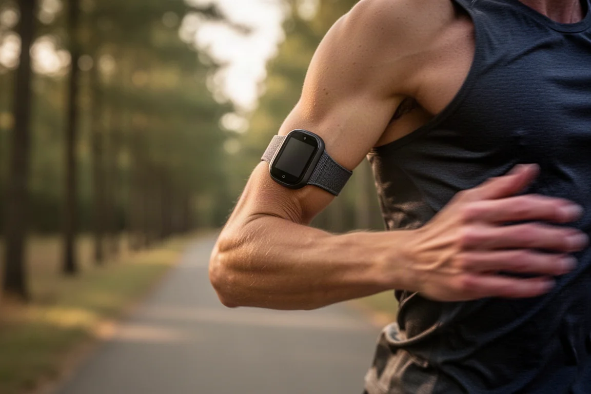 Sportif portant un bracelet de fitness en tissu fin sur le bras pendant une course en extérieur