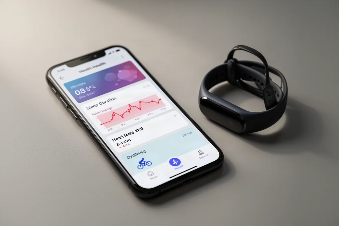 Smartphone affichant un fil d'actualité santé quotidien chronologique avec des résumés de sommeil et d'entraînement