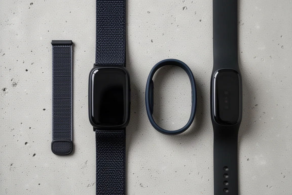 Quatre bracelets de fitness fins posés côte à côte pour comparer l'épaisseur et la taille