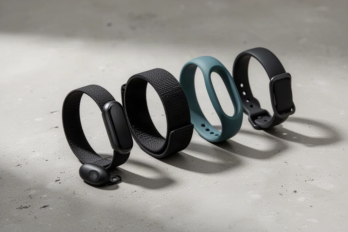 Quattro sottili braccialetti fitness senza schermo disposti in fila su una superficie di cemento