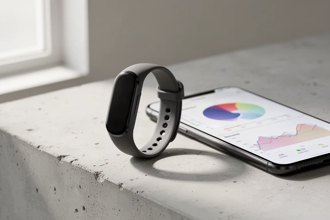 Fitbit Air 健身追蹤器放在水泥地面上的智能手機旁邊
