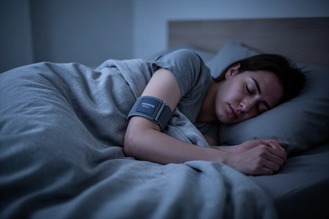 夜間側睡的人在上臂佩戴健身追蹤器
