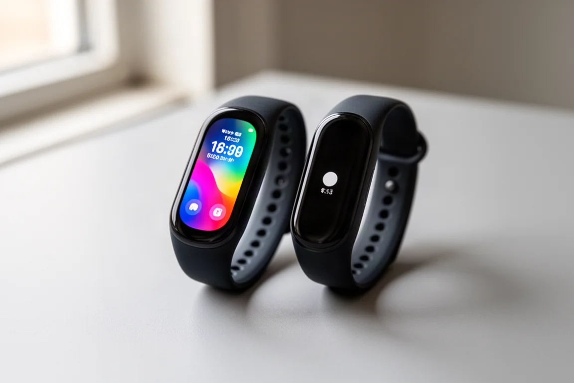 Close de duas telas de pulseiras fitness lado a lado, uma colorida e outra monocromática