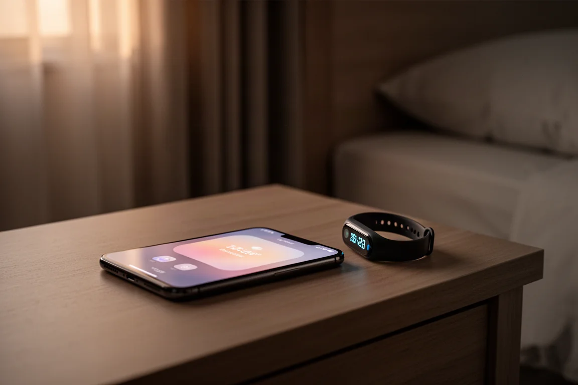 Pessoa conferindo um resumo de monitoramento de sono no smartphone em um quarto escuro de madrugada