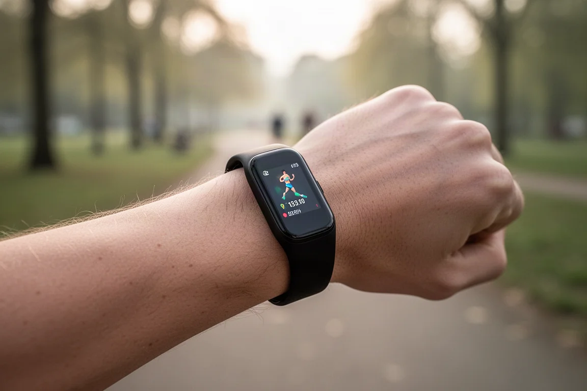 Pulso com uma pulseira fitness exibindo um treino de corrida em andamento ao ar livre