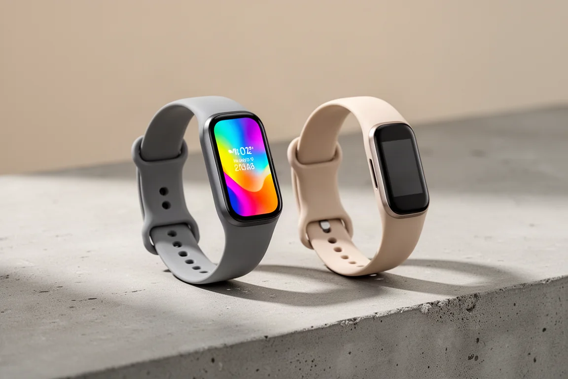 Fitbit Charge 5 and Garmin Vivosmart 5 fitness bands side by side on concrete