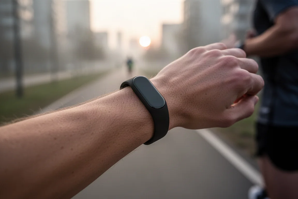 Pulsera de actividad llevada en la muñeca durante una carrera de intervalos al aire libre al amanecer