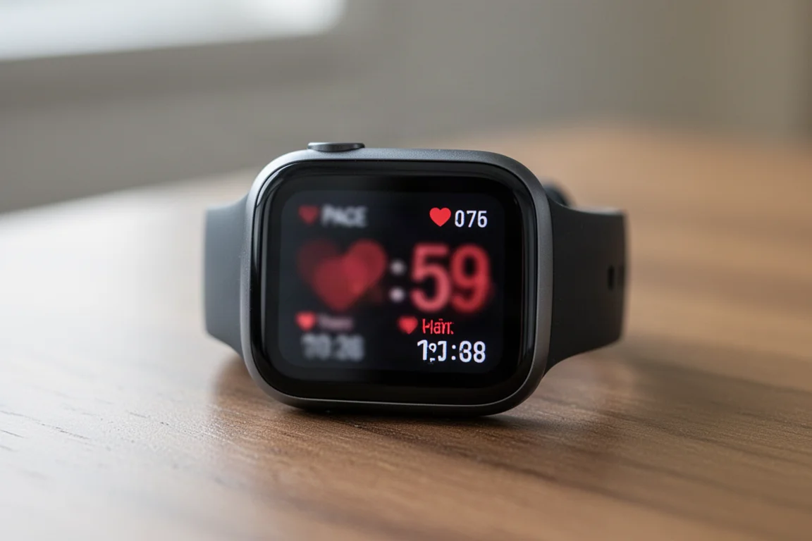 Pantalla de la pulsera mostrando campos de datos de ritmo y frecuencia cardíaca durante el entrenamiento