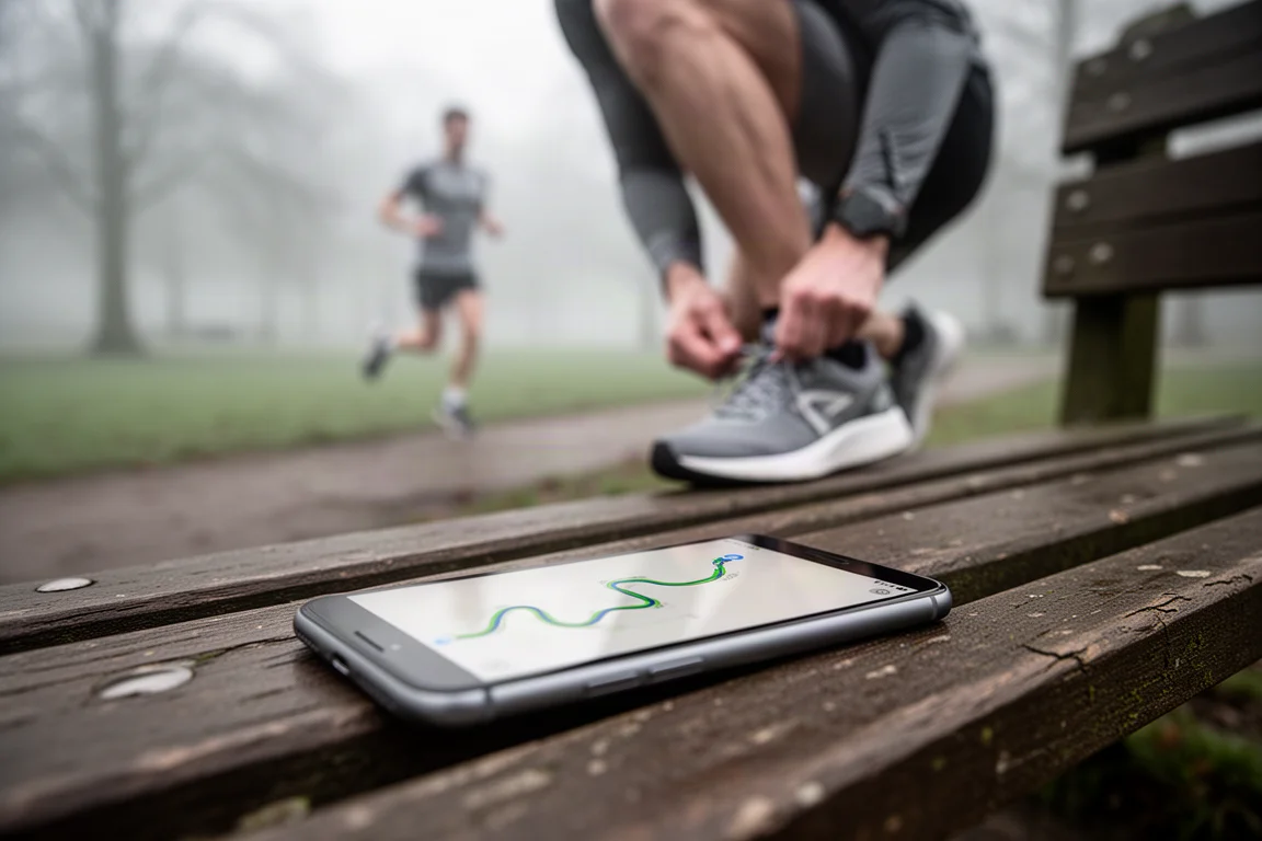 Corredor consultando una ruta GPS en el teléfono como respaldo durante un entrenamiento