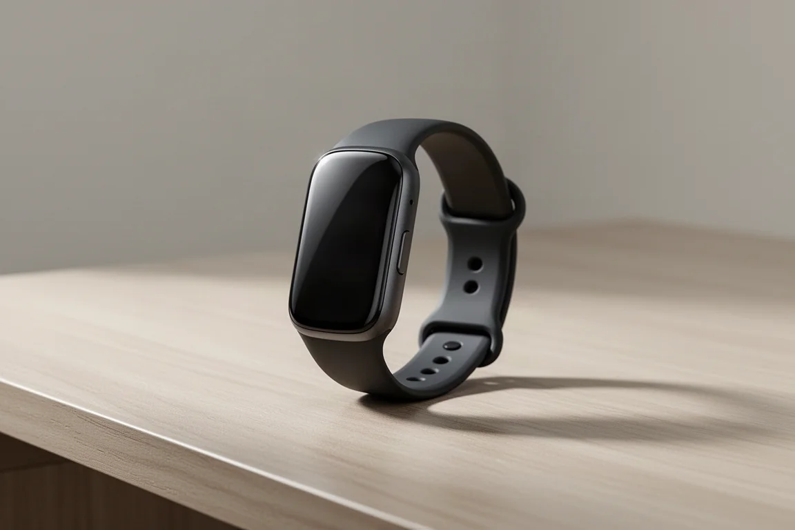 Opaska fitness tracker Fitbit Charge 6 na szczotkowanym drewnianym biurku