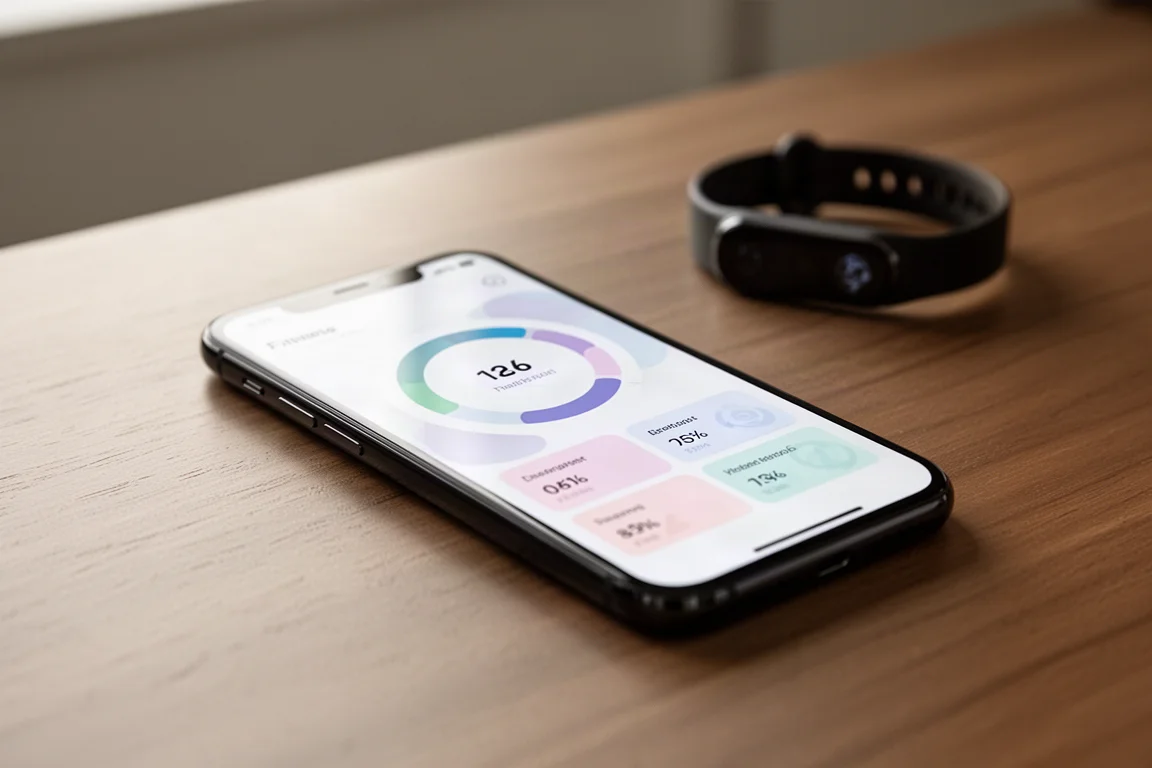 Smartphone sobre un escritorio mostrando el panel de preparación de una app de fitness