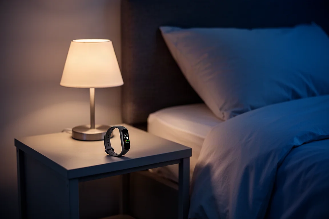Escena de dormitorio nocturno con una pulsera de actividad cargando en la mesita de noche