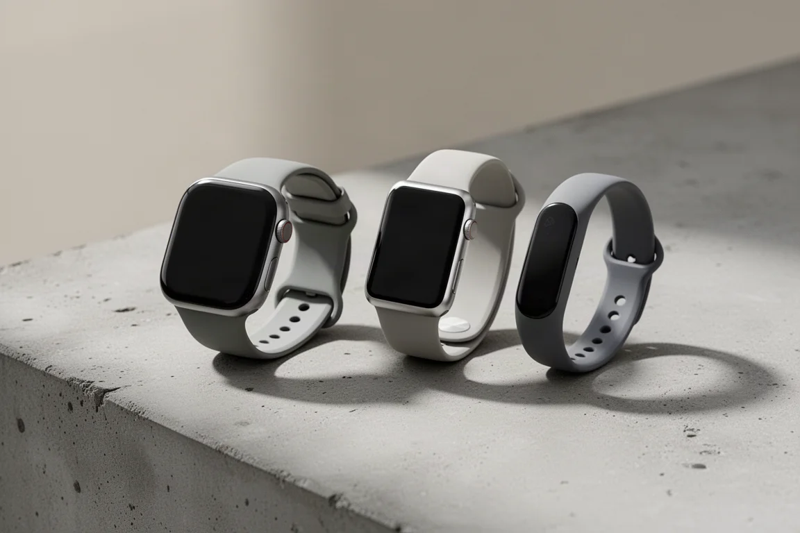 Fitbit smartwatches and fitness band arranged on a concrete surface