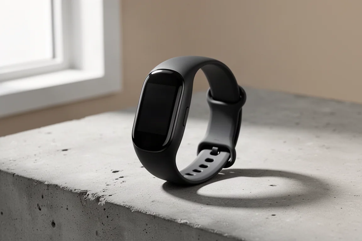 Fitbit Edge 活動追蹤器配上矽膠錶帶，置於混凝土表面