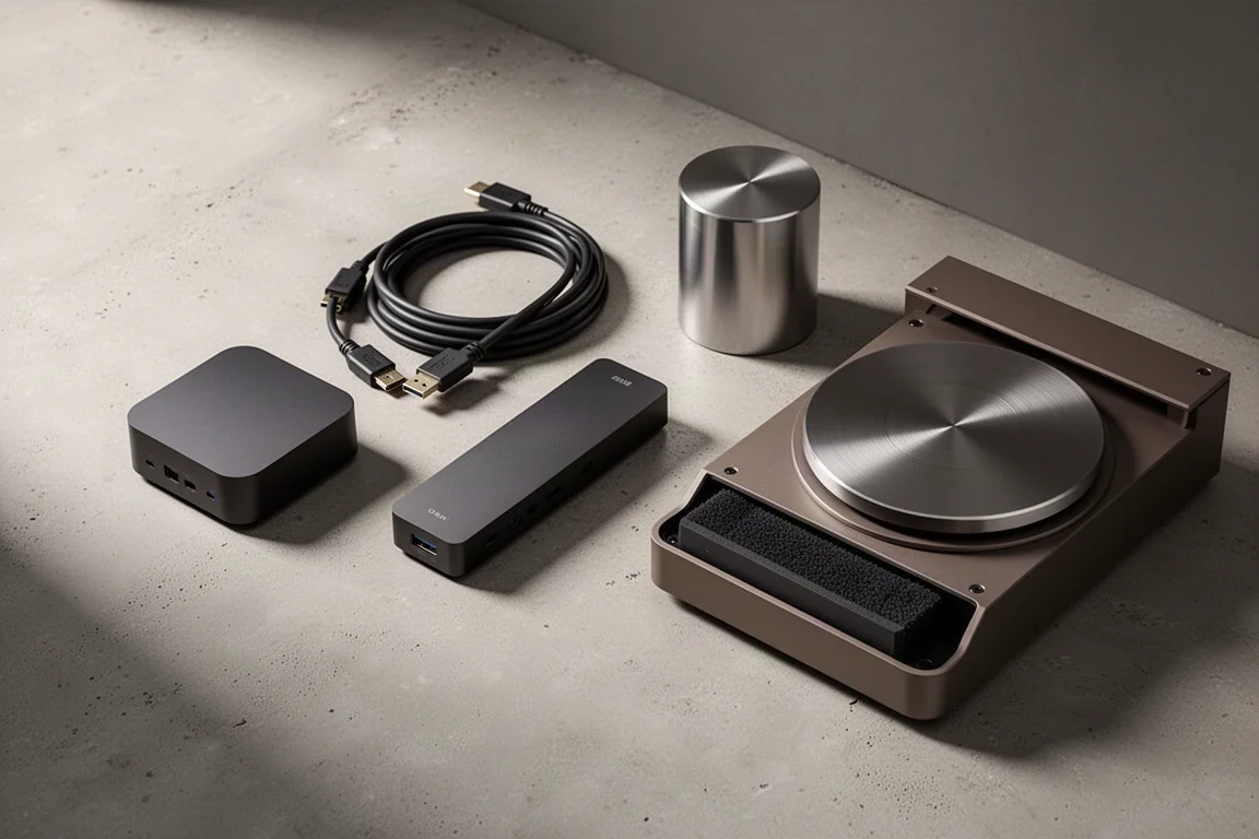 Compact streamers, coiled HDMI cable, record weight and record cleaning machine on concrete