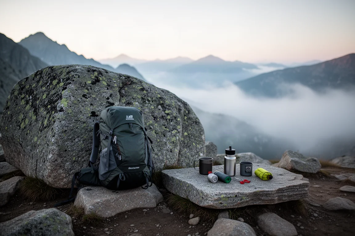 Backpacking pack and small gear laid out beside a boulder at an alpine campsite at dawn
