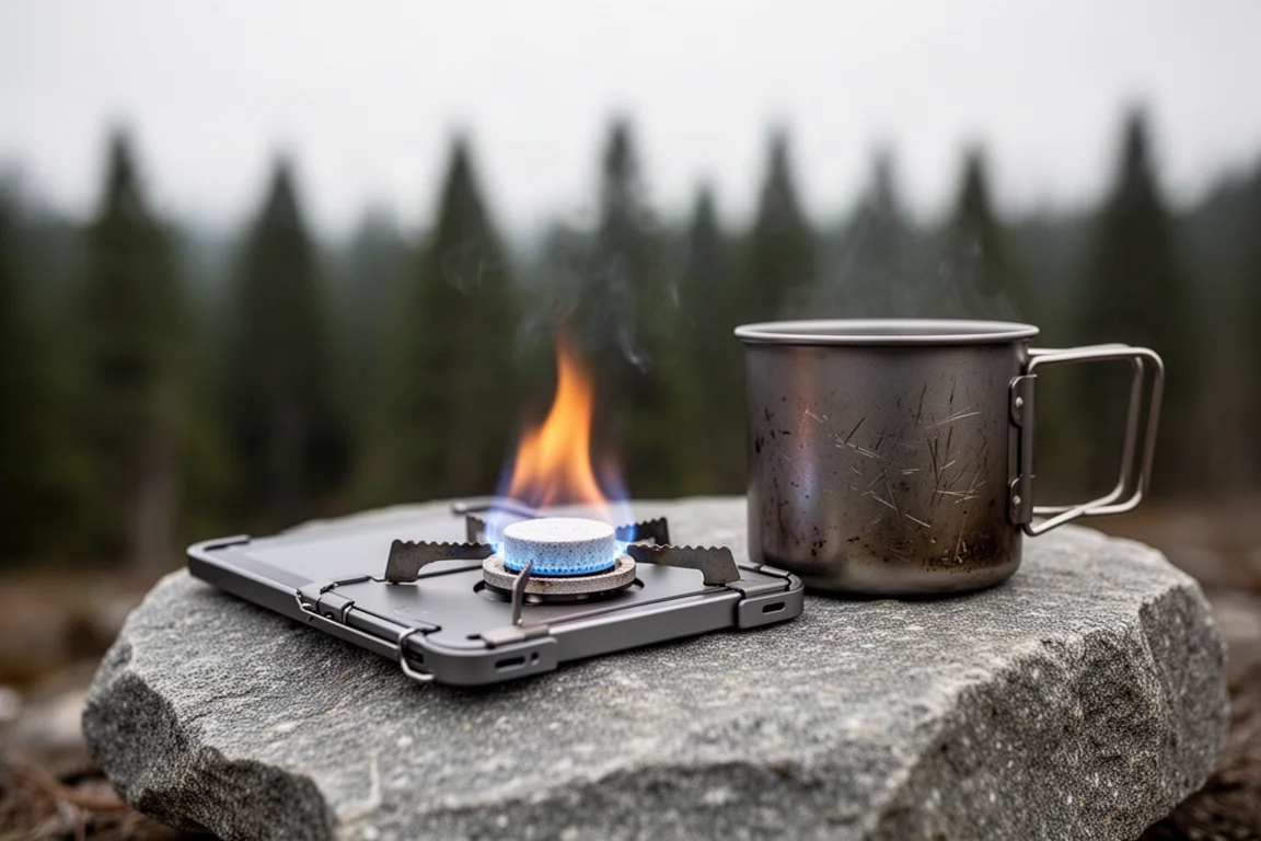 Small tablet stove burning on a flat rock with a titanium pot set to the side