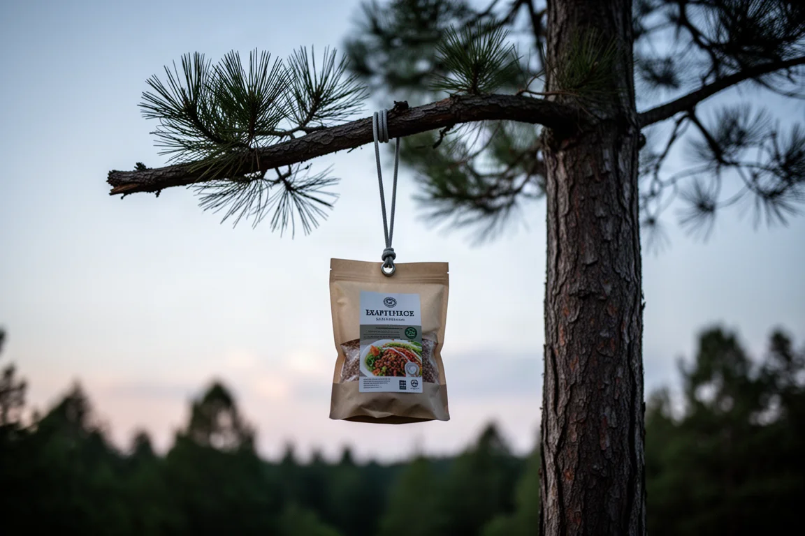Food bag hanging from a pine branch by a thin cord against a dusk sky