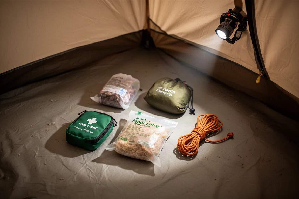 Overhead view of backpacking gear sorted into small piles inside a lightweight shelter
