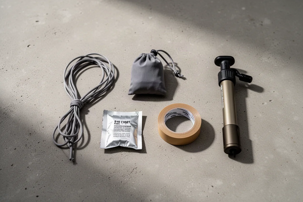 Platt layout av små backpacking-essentials med lina, en stuff sack, bränsletabletter, tejp och en mini-pump