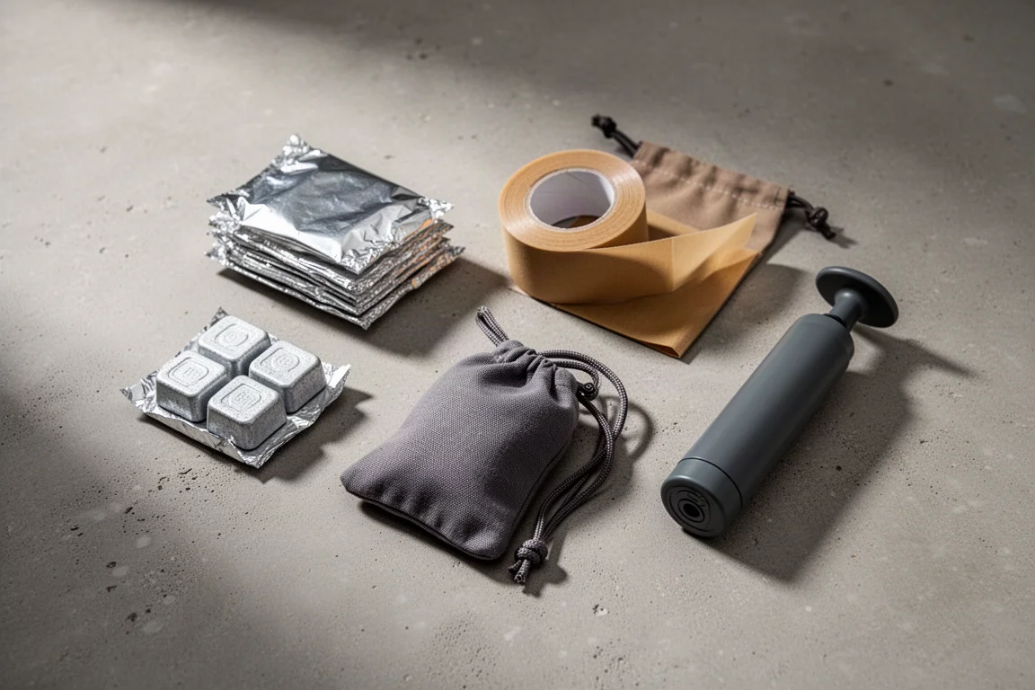 Five small backpacking essentials arranged on a matte concrete surface