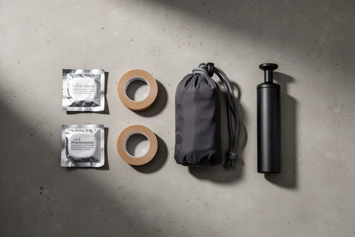 Flat-lay of backpacking essentials on concrete: fuel tablet, tape, cord kit and air pump