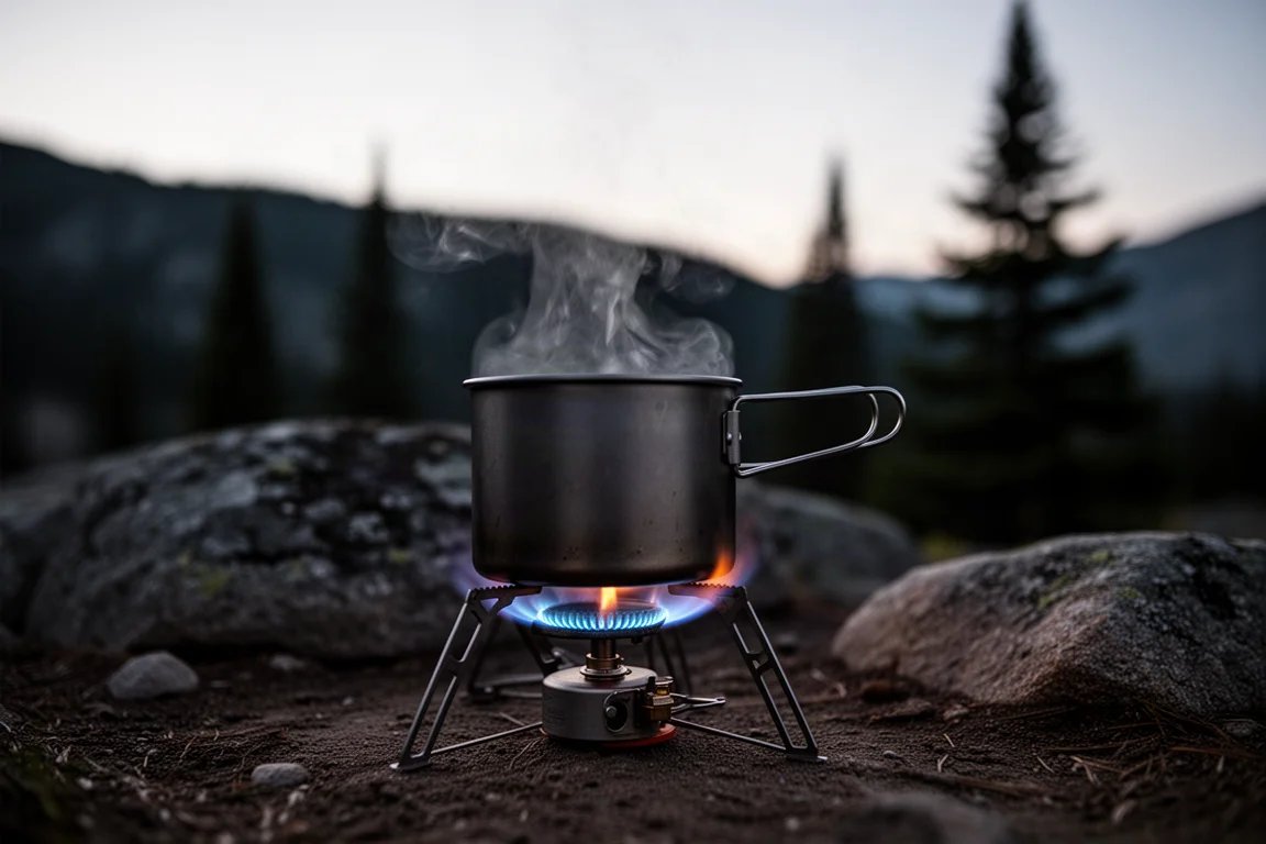 Låga från ett campingkök under en titankastrull vid en tältplats i skymningen