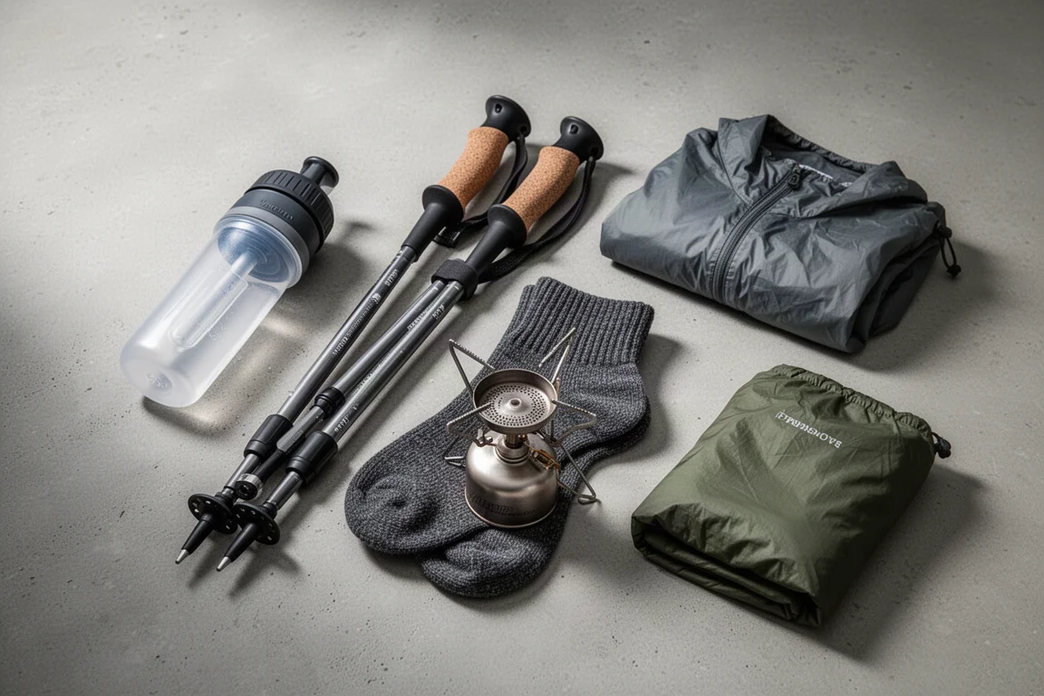Cinque pezzi di attrezzatura da backpacking disposti sul cemento: filtro dell'acqua, bastoncini da trekking, calze, fornello e giacca antipioggia