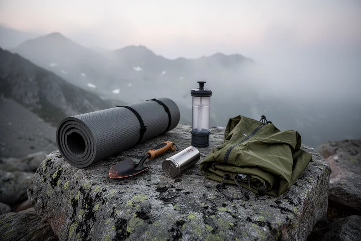 Backpacking gear laid out on a granite slab at a high alpine camp at dusk