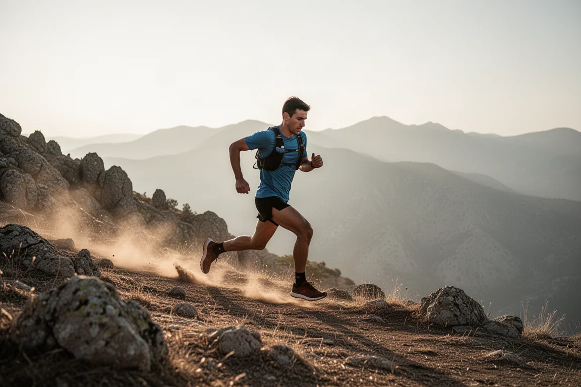 Trail runner descending a rocky ridge in late afternoon light