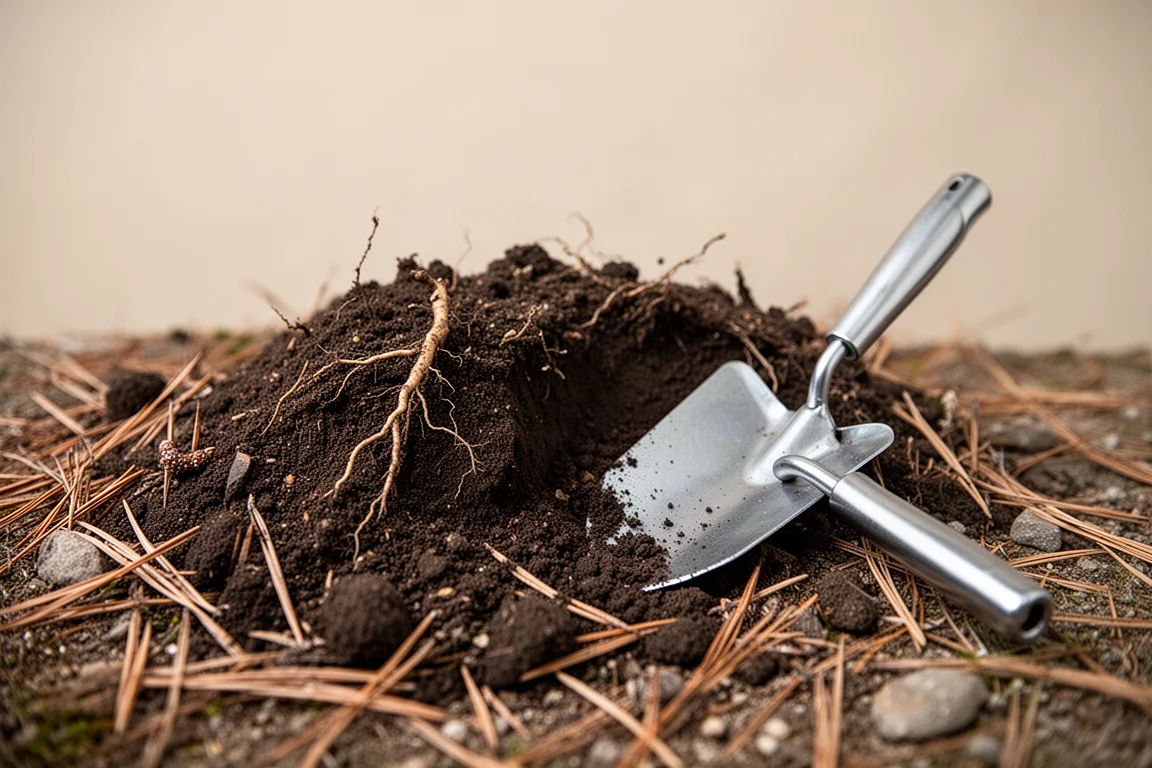 Small metal trowel beside freshly dug alpine soil and roots
