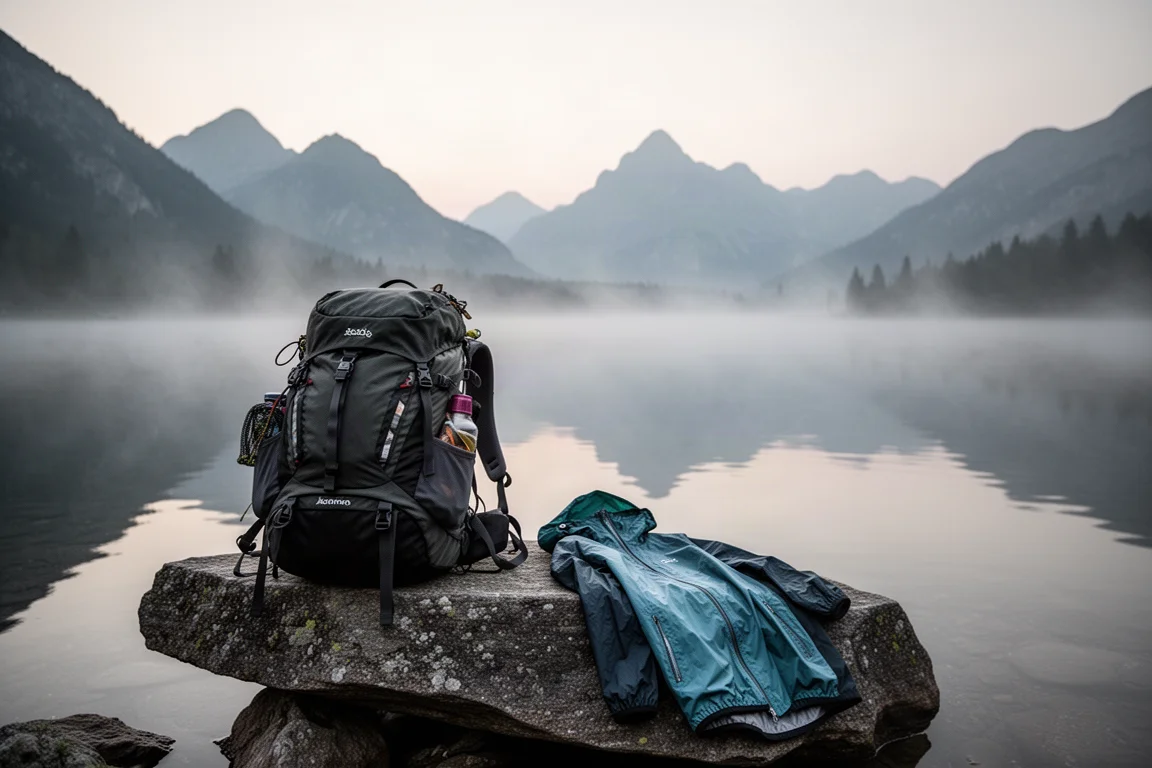 Backpack and rain jacket on a rock beside an alpine lake at dawn