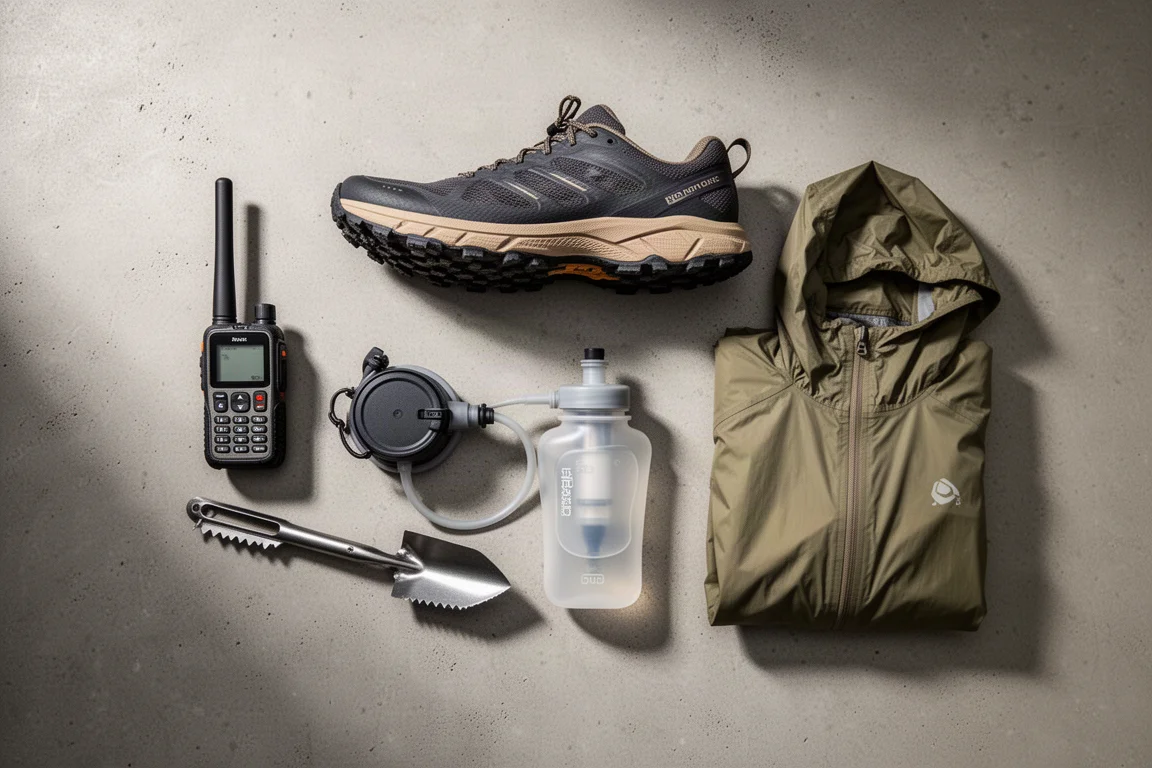 Flat-lay of backpacking gear including a satellite communicator, trail shoe, filter, trowel, and rain jacket