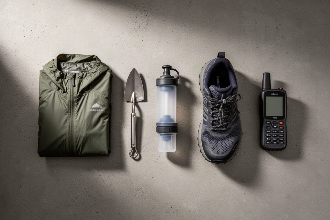 Flat lay of backpacking gear: rain shell, trowel, water filter, trail shoe, and satellite communicator