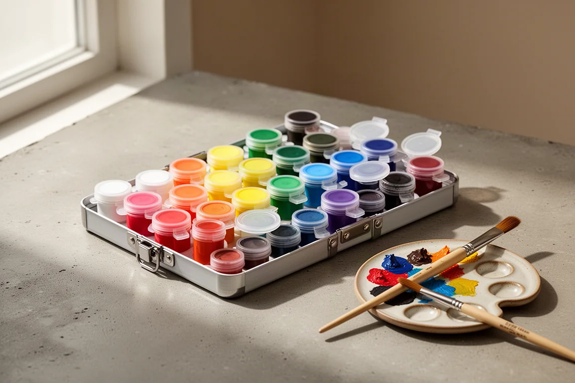Składane etui z dwudziestoma kolorowaku farbami gouache obok ceramicznej palety i pędzla