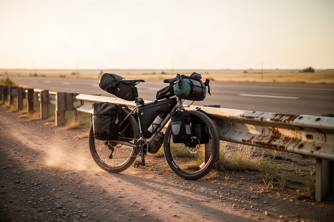Loaded touring bicycle resting against a roadside barrier on a gravel shoulder at golden hour