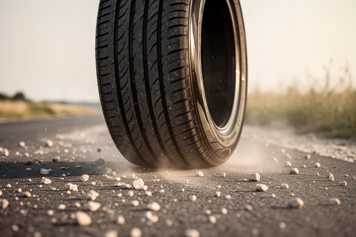 Low-angle view of a wide slick road tire rolling over dusty tarmac with light gravel