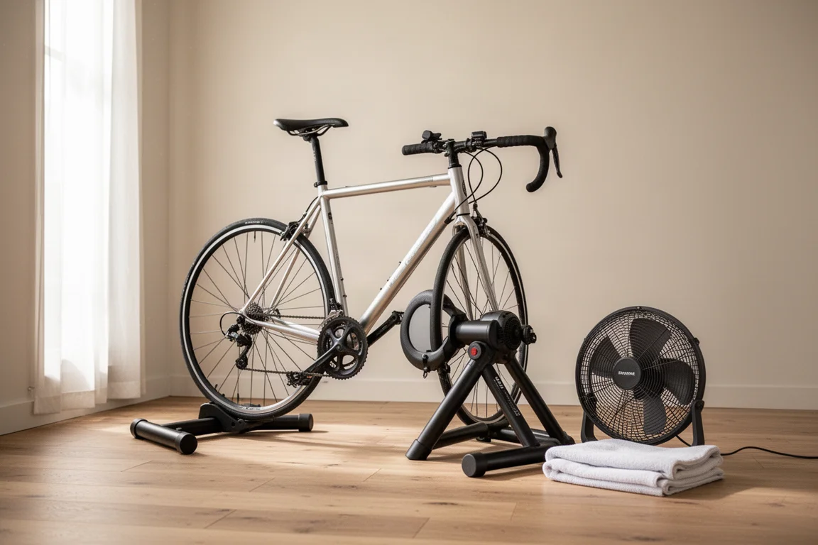 Bicycle mounted on an indoor trainer in a bright tidy room with a fan and towel nearby