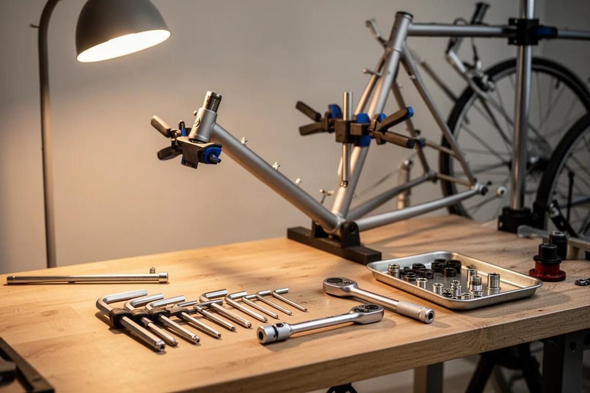 Home workshop bench with a bike in a repair stand, Allen keys and a torque wrench laid out
