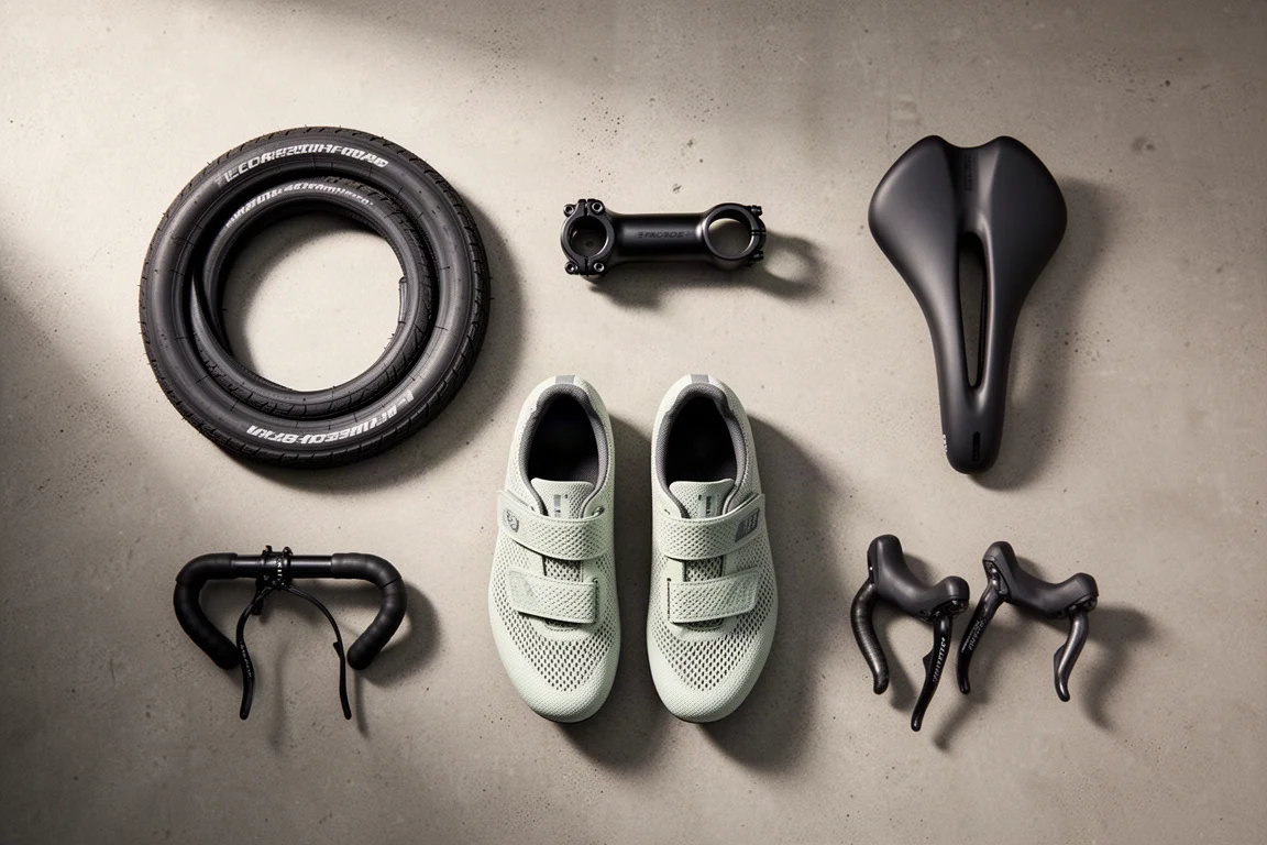 Flat-lay of a wide tire, alloy stem, carbon saddle, woven road shoes and drop-bar levers on concrete