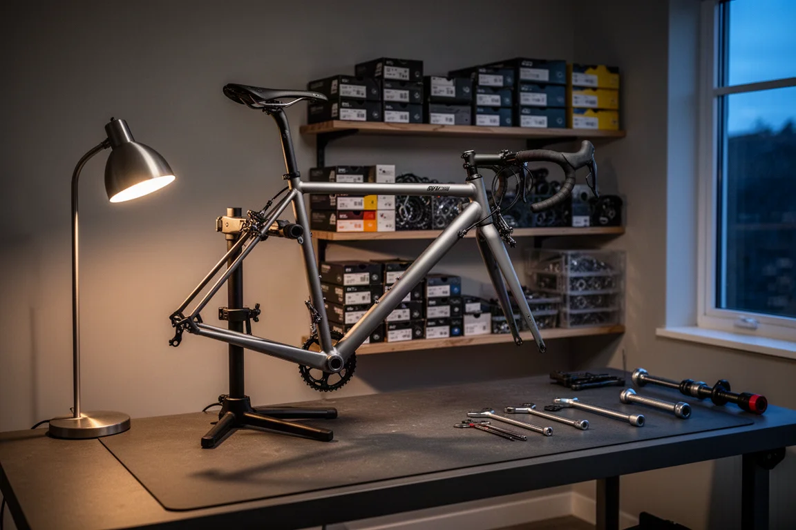 Taller doméstico al atardecer con una bicicleta en un soporte de reparación y estantes con cajas de componentes