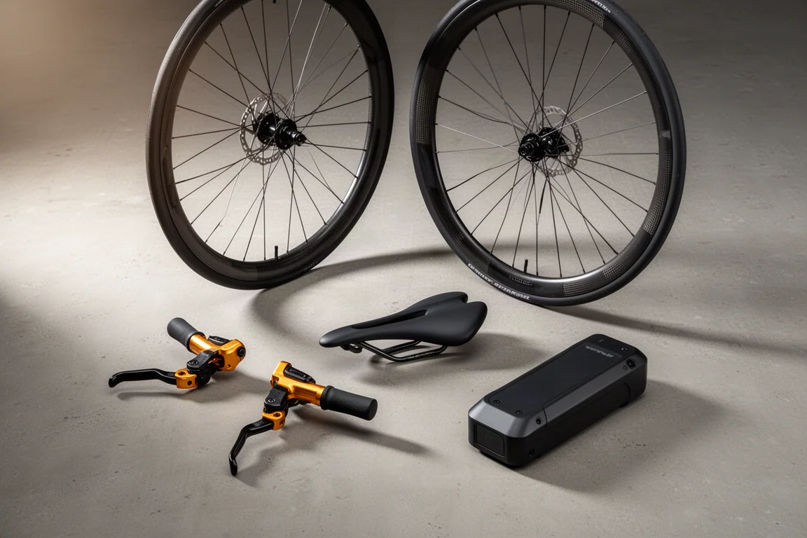 Cycling groupset levers, carbon-spoke wheel, saddle and e-bike battery arranged on concrete