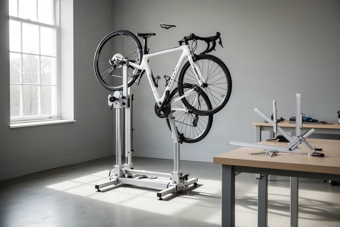 Rennrad in einem hellen Studio auf einer Vermessungsvorrichtung, Werkzeug in Reichweite