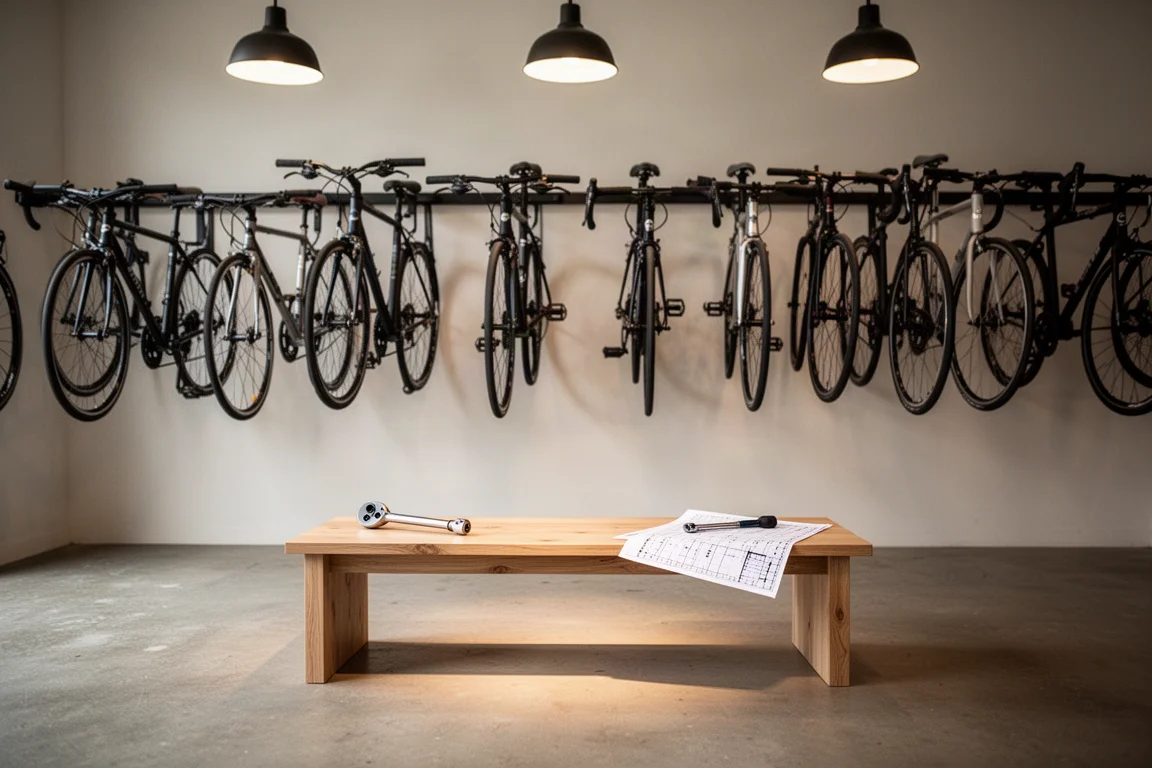 Fahrradladen-Interieur mit Fahrrädern, die in einer Reihe über einer Werkbank hängen