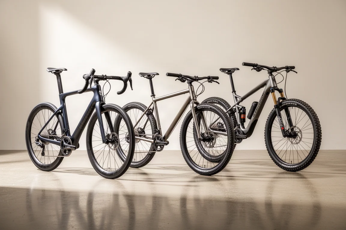 Tre cyklar uppställda i en minimalistisk studio: endurance-landsvägscykel, gravelcykel i stål och heldämpad mountainbike